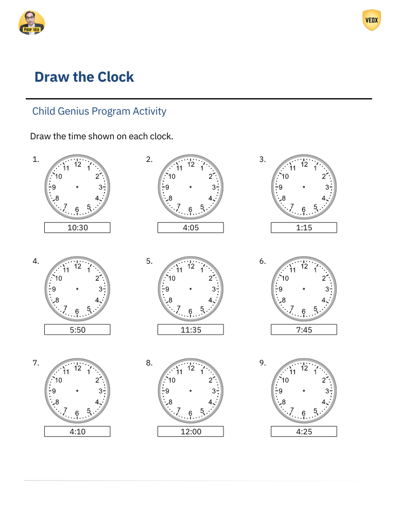 243. Draw an analog clock showing specific times - Prof Ved